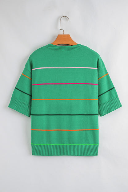 Green Colorblock Striped Half Sleeve Drop Shoulder Sweater