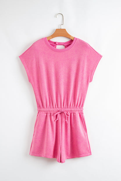 Bonbon Mineral Wash Drawstring Waist Hollow Out Back Short Sleeve Romper
